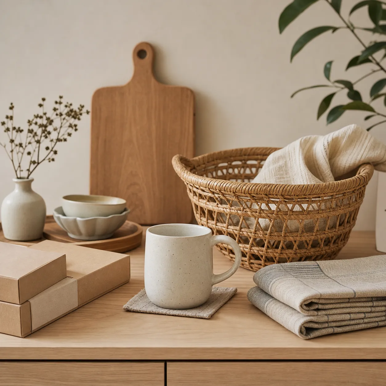 木質桌面上的居家生活用品