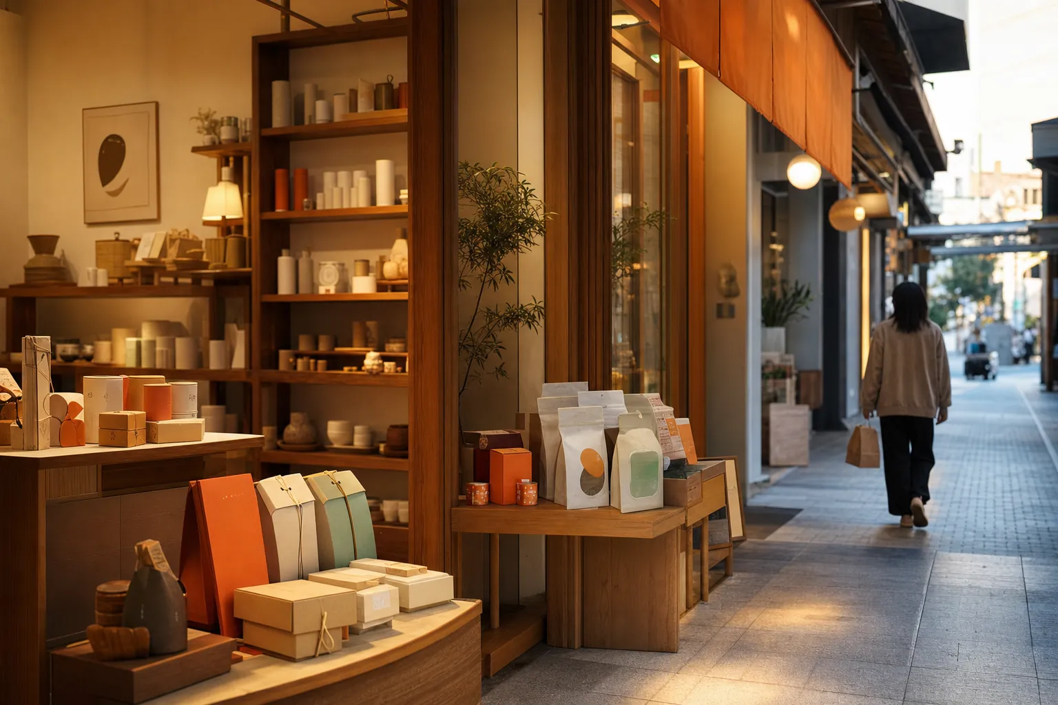 嘉義文化路店入口的伴手禮堆頭與商圈騎樓
