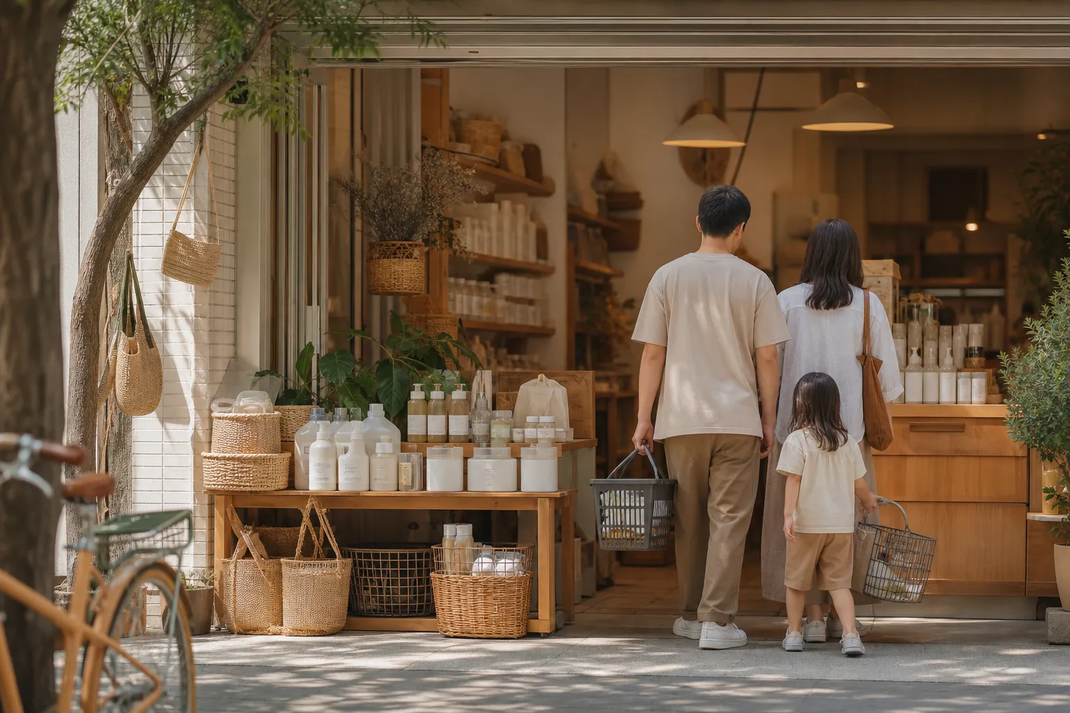 嘉義垂楊店的社區日用品貨架與購物籃