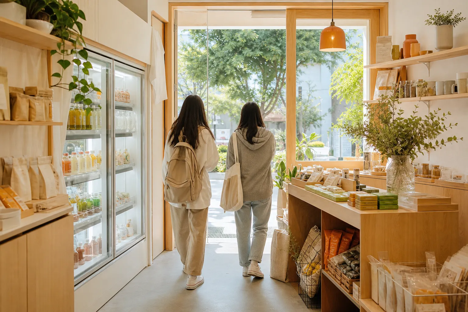 民雄店的冷飲櫃與零食區,學生正走出店門